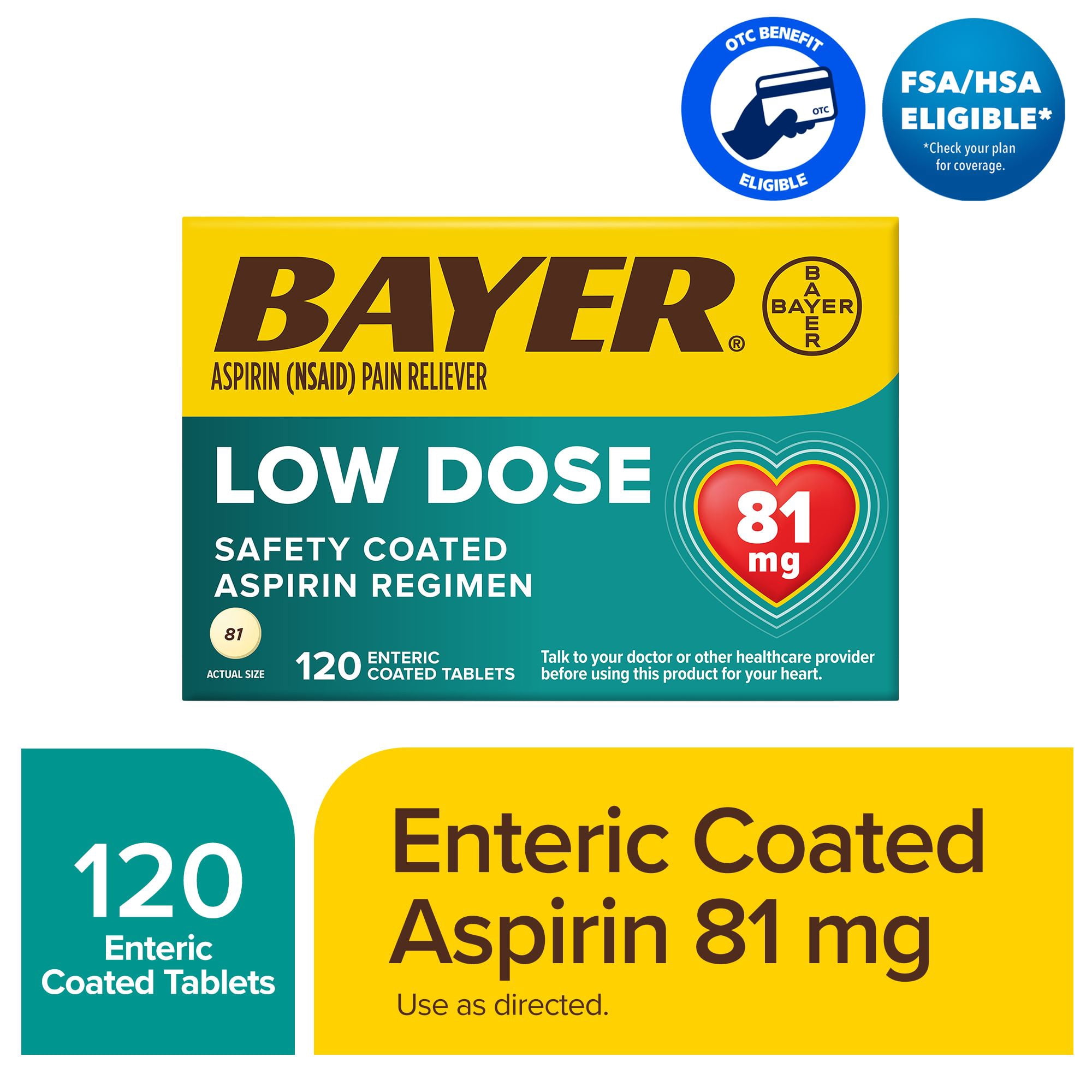 Bayer Aspirin Low Dose, 81mg, Pain Reliever Enteric Coated Tablets, 120 Count