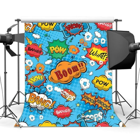 Image of ABPHOTO Polyester 5x7ft Boom Backdrop What Bang Knock Wow Pow Twinkle Stars Backdrops Cartoon Photography Background for Boys Children Happy Birthday Party Decoration Wallpaper Photo Studio Props
