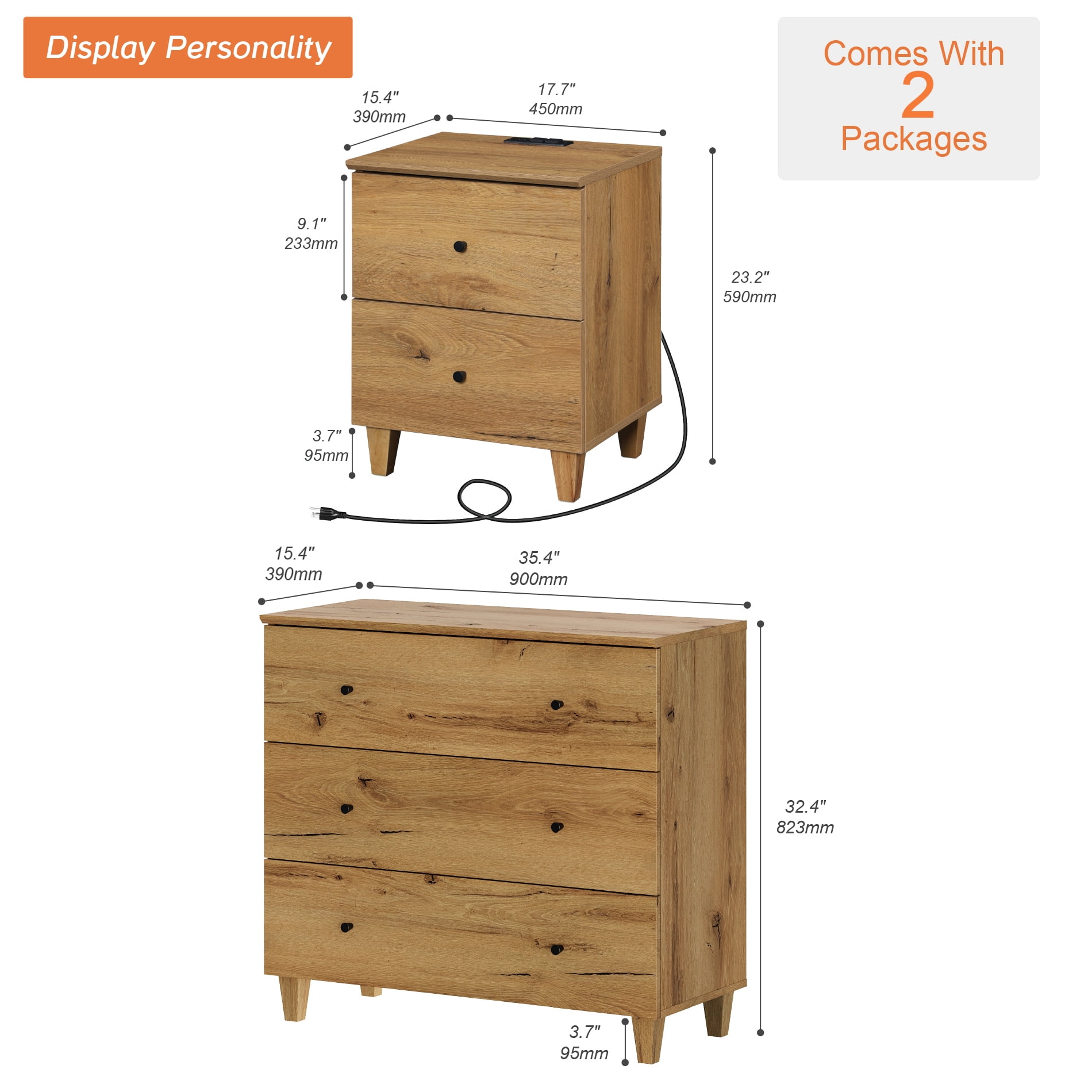WAMPAT Dresser and Nightstand Set of 2, Wood Dresser with 3 Drawers, Nightstand with Charging Stations for Living Room, Dark Brown Wood