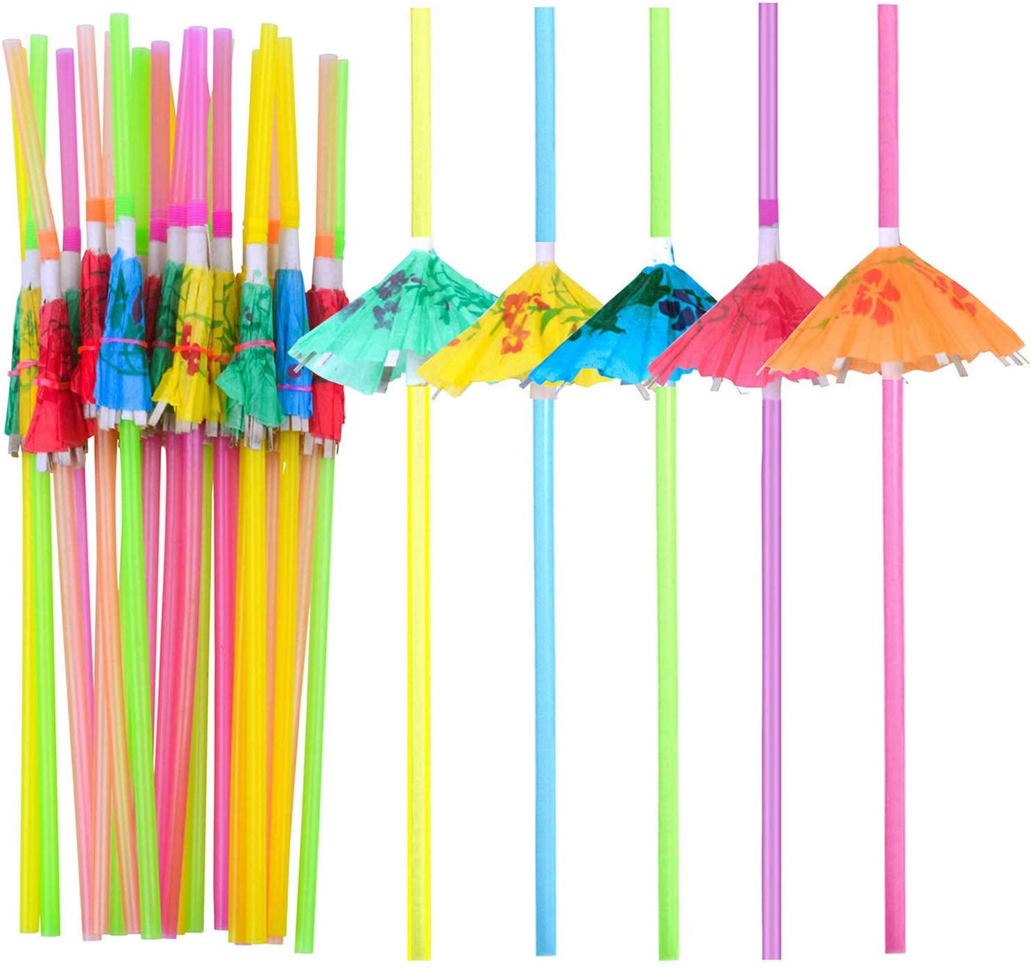 100 Pieces Umbrella Straws,Disposable Flexible Drinking Straws Parasol
