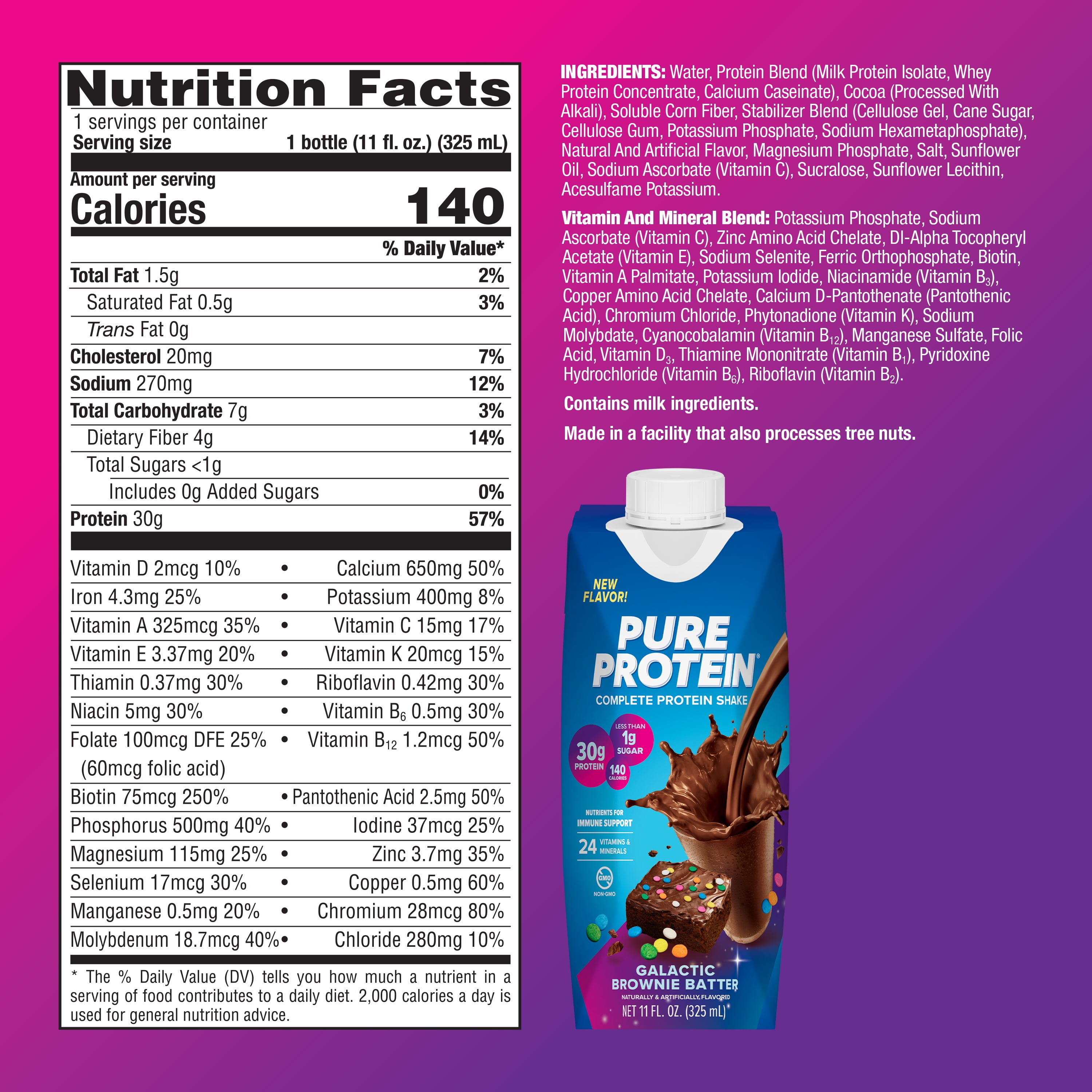 Pure Protein Shake, Galactic Brownie Batter, 30g Protein, 11 fl oz, 4 Count