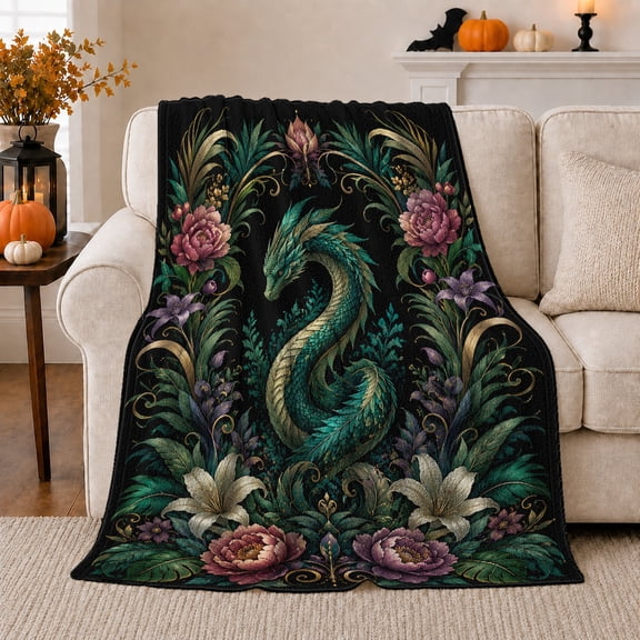 Mythical Dragon Floral Garden Design, Cozy Friendship Quote Scene, Warm Flannel Blanket for Living Room and Reading Nook, Art Lovers Friendship Gift, Fantasy Home Decor