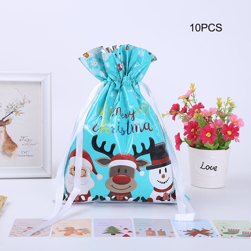 10pcs Christmas Party Gift Bags with Drawstring Xmas Gift Wrapping Bags
