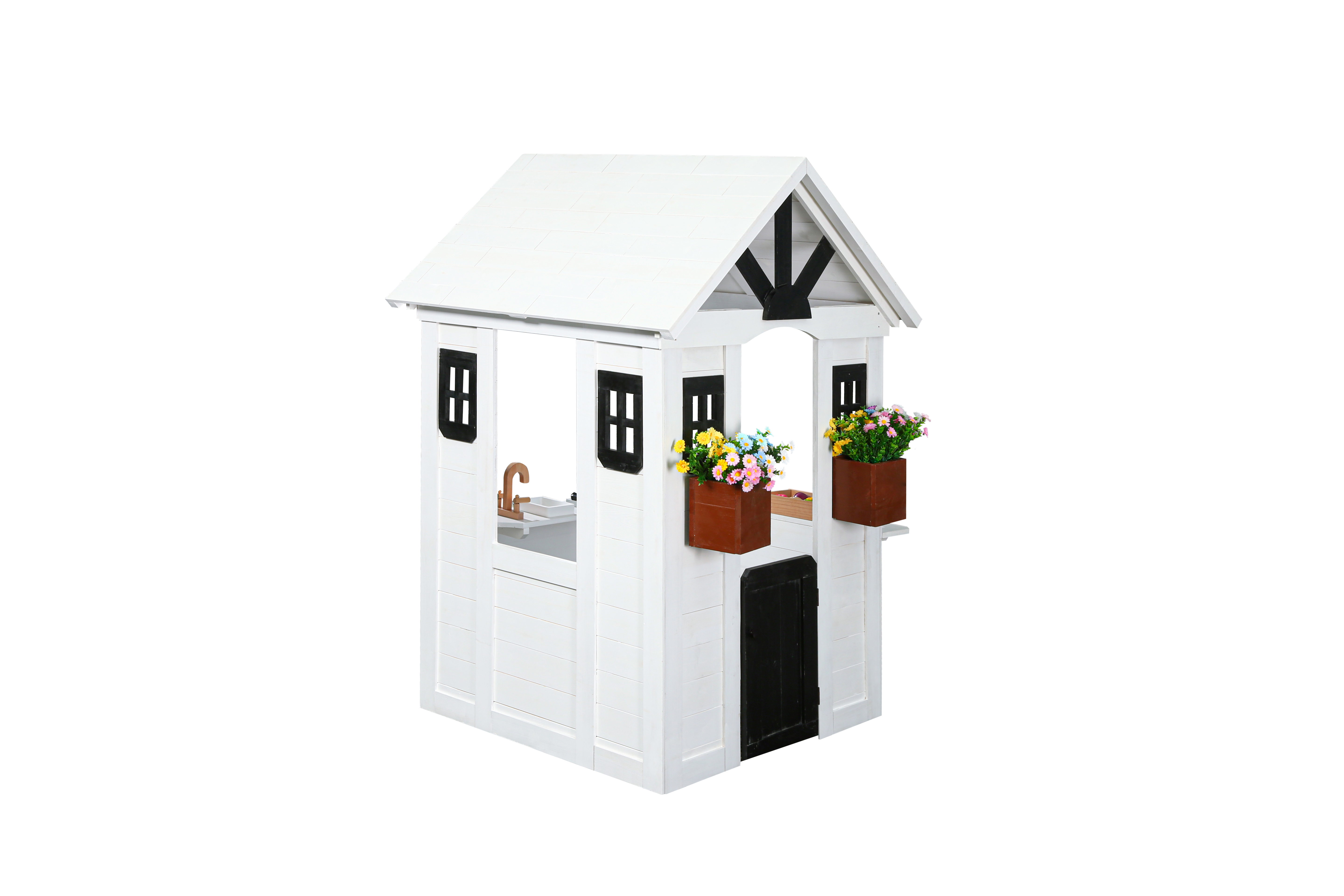 2MamaBees Ajure Playhouse | White & Black Farmhouse Design with Kitchen and Garden