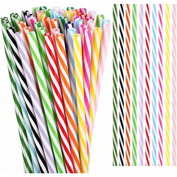 50 Pieces Colorful Striped Reusable Straws Bulk 9" Striped Hard Plastic Drinking Straws for Beverage Cocktail Mason Jar Tumbler Birthday Wedding Party Supplies