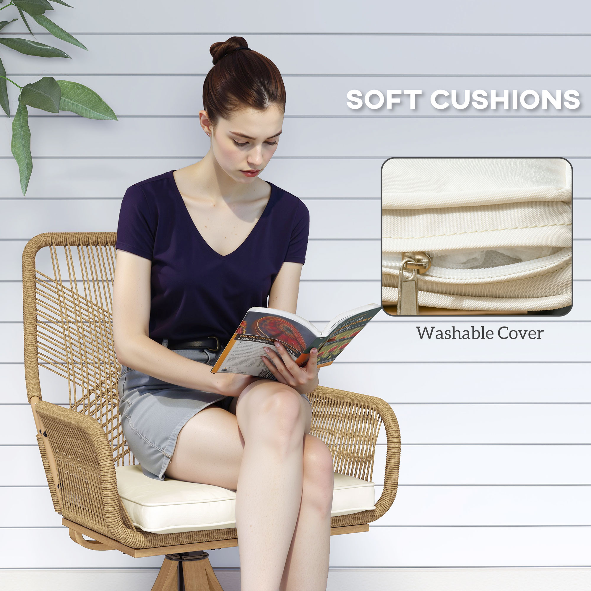 Outsunny Outdoor Patio Swivel Chairs Set of 2, Rattan Patio Dining Chairs with Soft Cushions and Metal Frame for Backyard, Lawn, Porch, Garden, Khaki