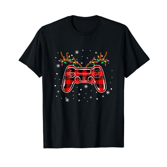 Gamer Christmas Gamepad Reindeer Buffalo Plaid Pajamas T-Shirt