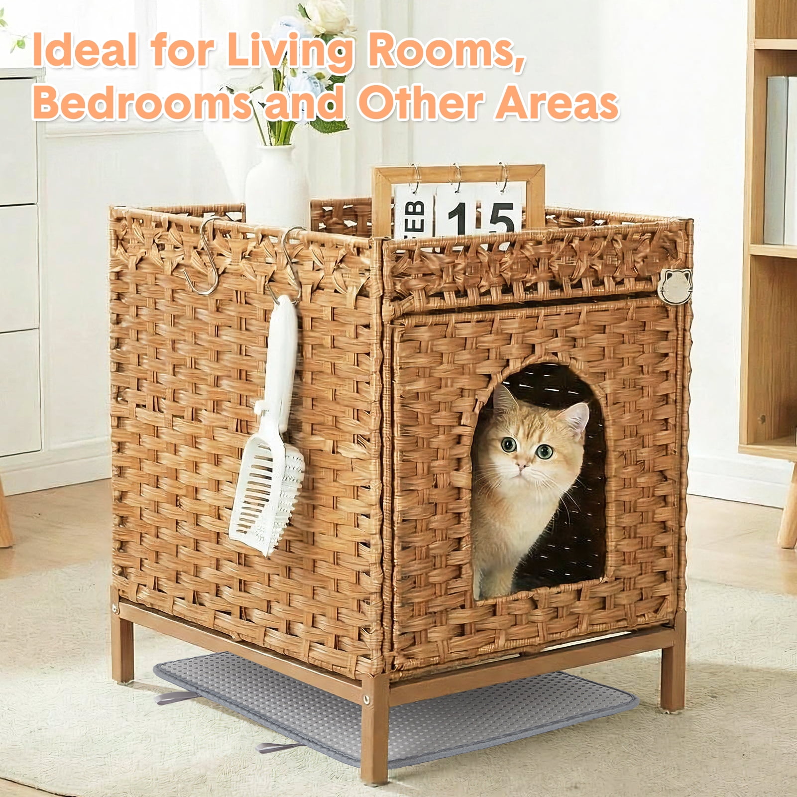 Hidden Cat Litter Box Furniture with Rattan Handwoven Design, Elevated Metal Feet, Enclosed Cat House for Bedroom and Living Room