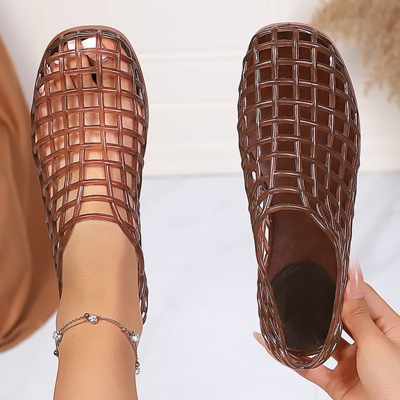 Samdudou Jelly Mesh Sandal for Women Transparent Hollow Ballet Flats Round Closed Toe Non-Slip Beach Shoes Summer Lightweight Breathable Dailywear