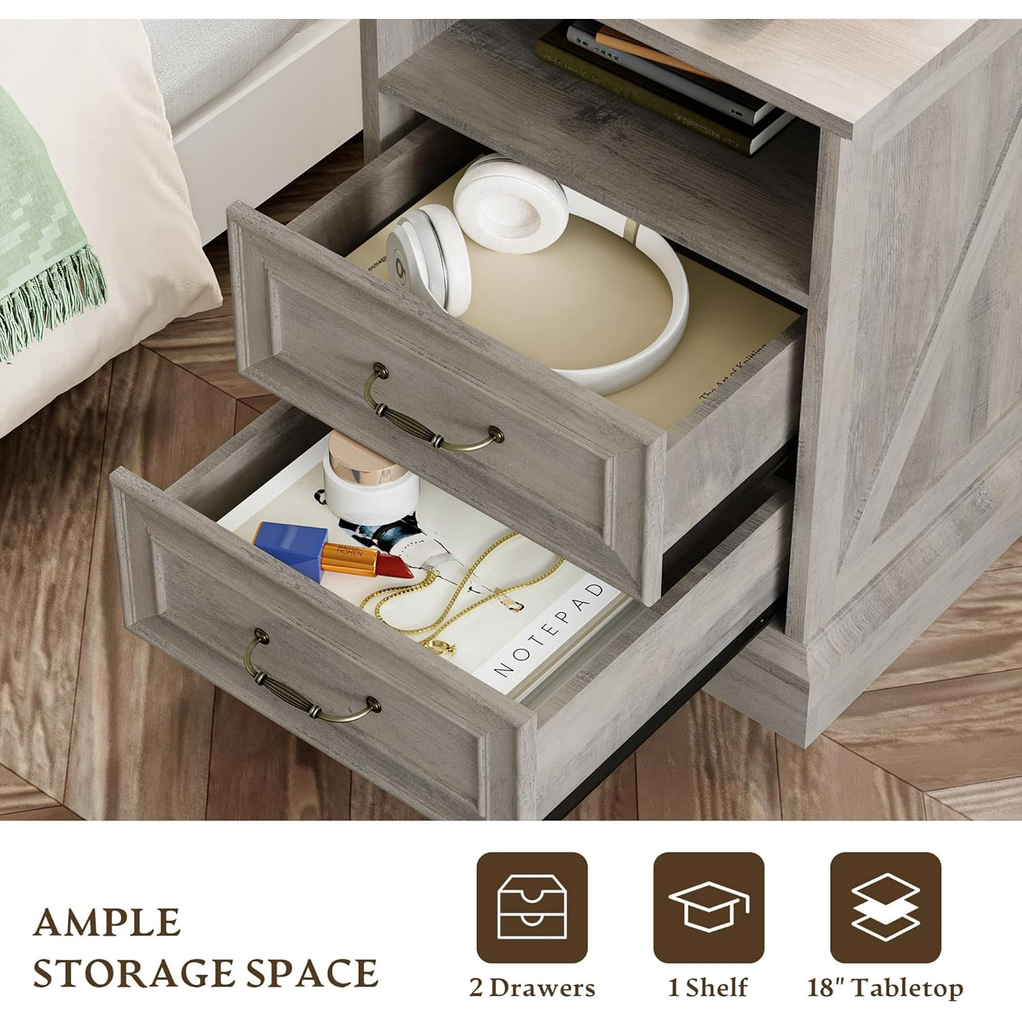 FANRAL 2 Drawers Dresser for Bedroom,Farmhouse Nightstand with Charging Station & Open Shelf,24" Wide Wooden Chest of Drawers,Rustic Storage Cabinet,Light Gray Dresser