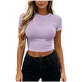 thumbnail image 3 of VBVC Women's Short Sleeve Crop Top, Ladies' Fitted Crew Neck T-Shirt, Casual Basic Solid Color Tee For Women,Purple,S-XL, 3 of 7