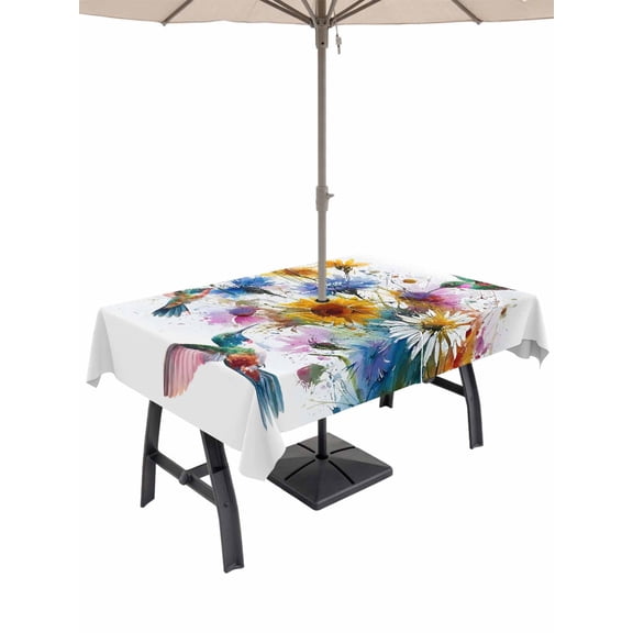 Outdoor Tablecloths with Umbrella Hole & Zipper, Hummingbird Rectangle Tablecloth 60x120 Inch, Spring Farmhouse Oil Painting Sunflowers Waterproof Table Cloth, Patio/Pool/Picnic Table Covers