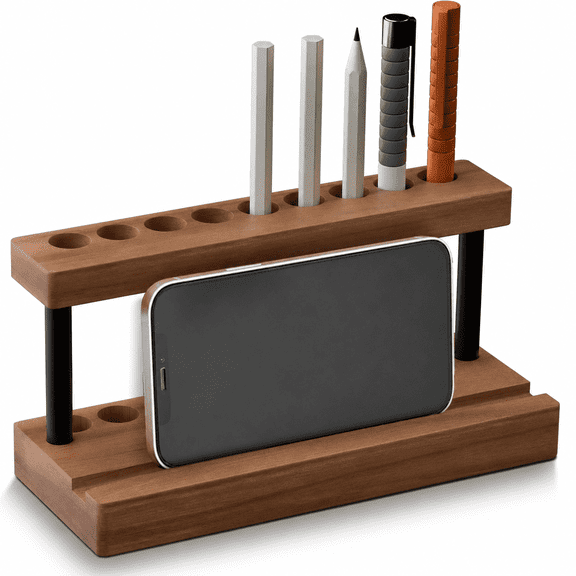 Solid Walnut Wood Desk Organizer, 9 Slots Multi-hole Pen Holder, Desktop Phone Stand, Office Stationery Storage Caddy, Wooden Desk Pen Caddy for Home Office Student Desk