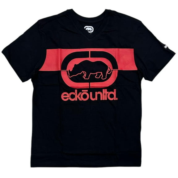 Ecko Unltd Men's V-Neck T-Shirt Classic Puff Print Logo Black Short Sleeve Tee (Medium, Black)