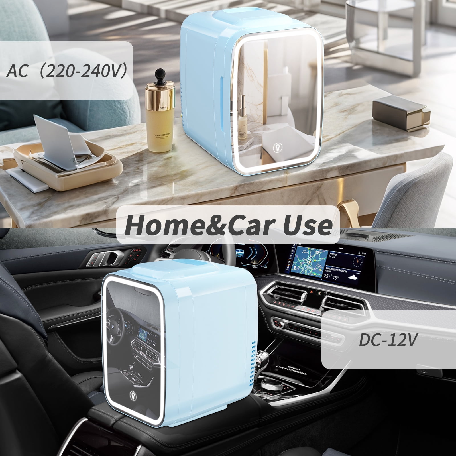 Skincare Fridge Mini Fridge for Bedroom with Dimmable LED Mirror, 4Liter/6 Cans Cooler and Warmer for Makeup, Cosmetic, Beauty, Portable Refrigerator for Bedroom, Vanity, Office and Car- Blue