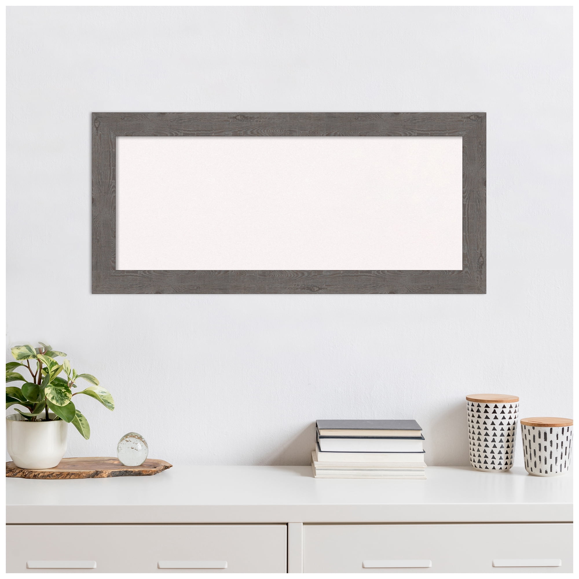 Amanti Art White Cork Board Framed Rustic Plank Grey Narrow Bulletin Board 33 in. x 15 in.