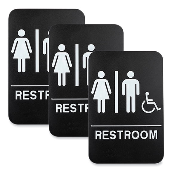 Indoor/Outdoor Restroom Sign with Braille Text and Wheelchair, 6" x 9", Black Face, White Graphics, 3/Pack | Bundle of 10 Packs