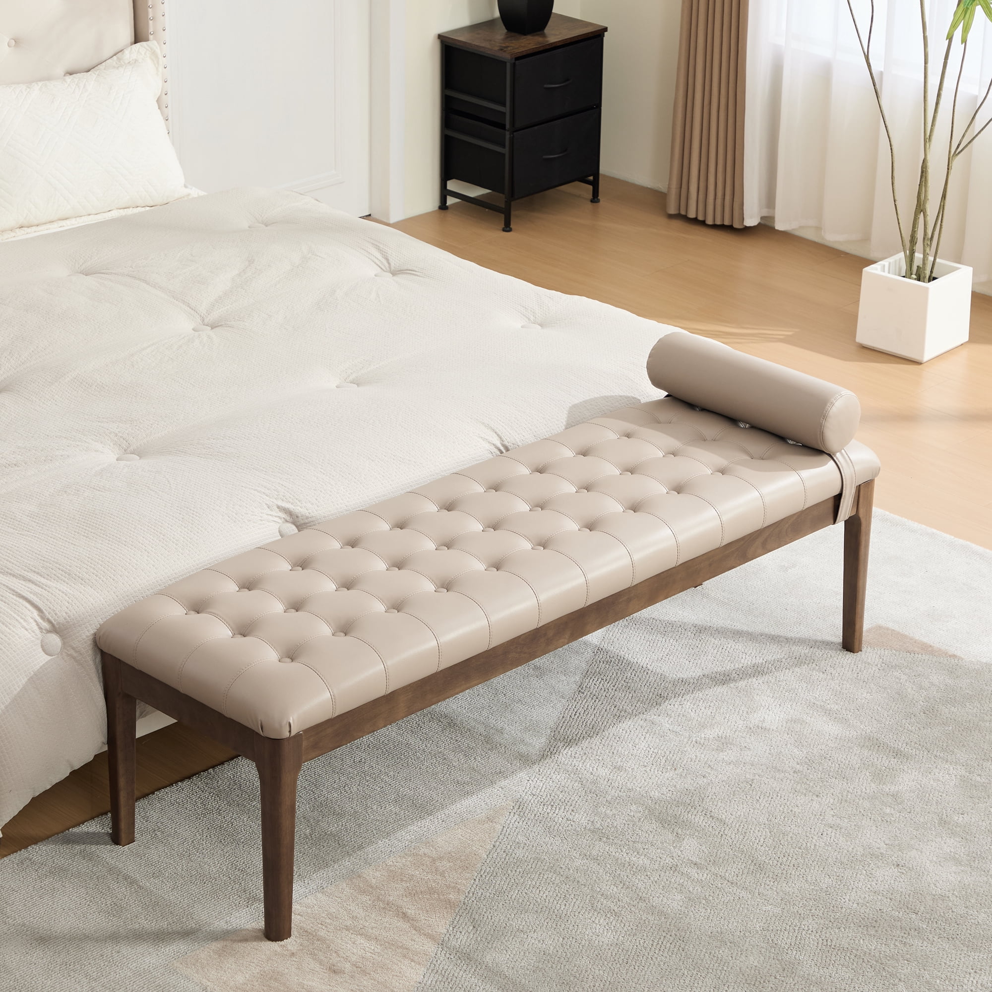 Upholstered Bed Bench 66 Inch, Button Tufted Faux Leather Bench with Dark Walnut Legs, End of Bed Bench for Bedroom and Entryway, Taupe