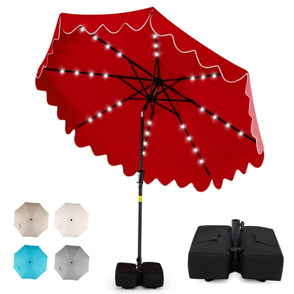 Gymax 9 FT Outdoor Patio Umbrella w/32 Solar LED Lights & Weighted Base Sandbags Red