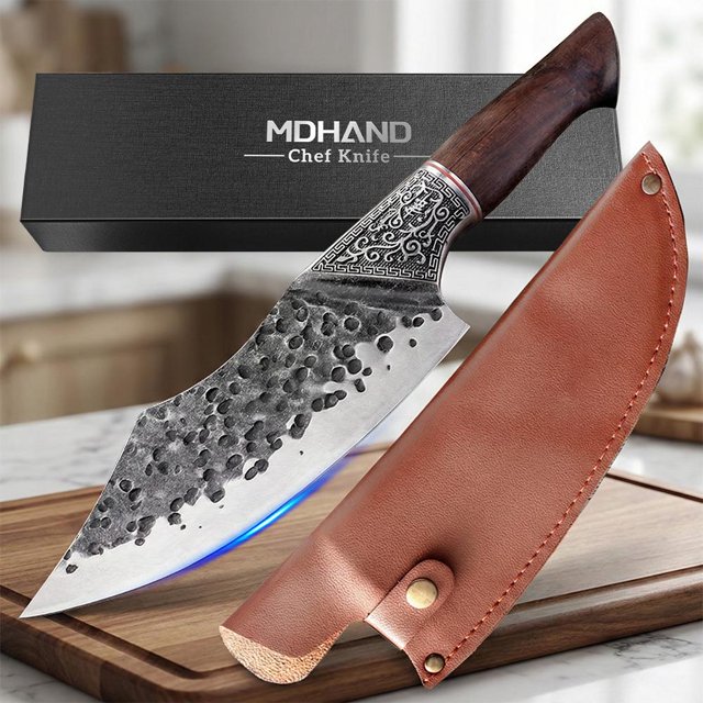 Cuchillo De Cocina Cuchillo De Sacrificio Cuchillo De Corte De Carne, Diseño Tallado, Con Funda Protectora.