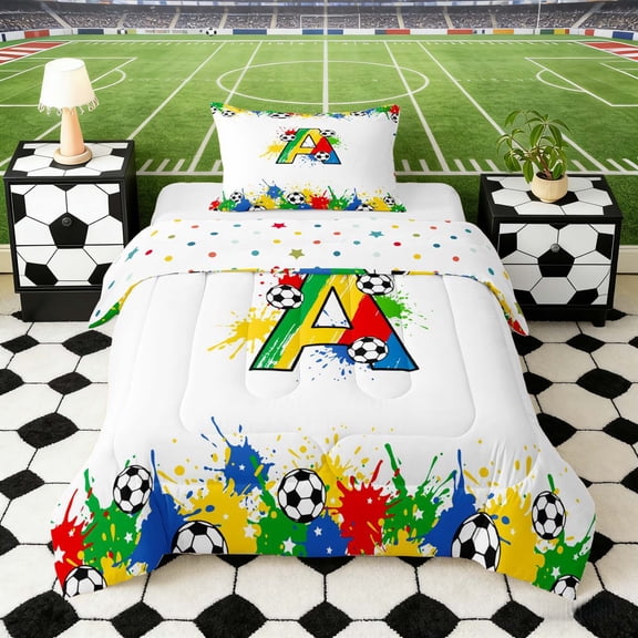 Erosebridal Splash Soccer Letter A Twin Comforter Sets, Sport Bedding Set for Boys and Girls, Polka Dots Reversible 2 Pieces, 1 Comforter and 1 Pillowcase