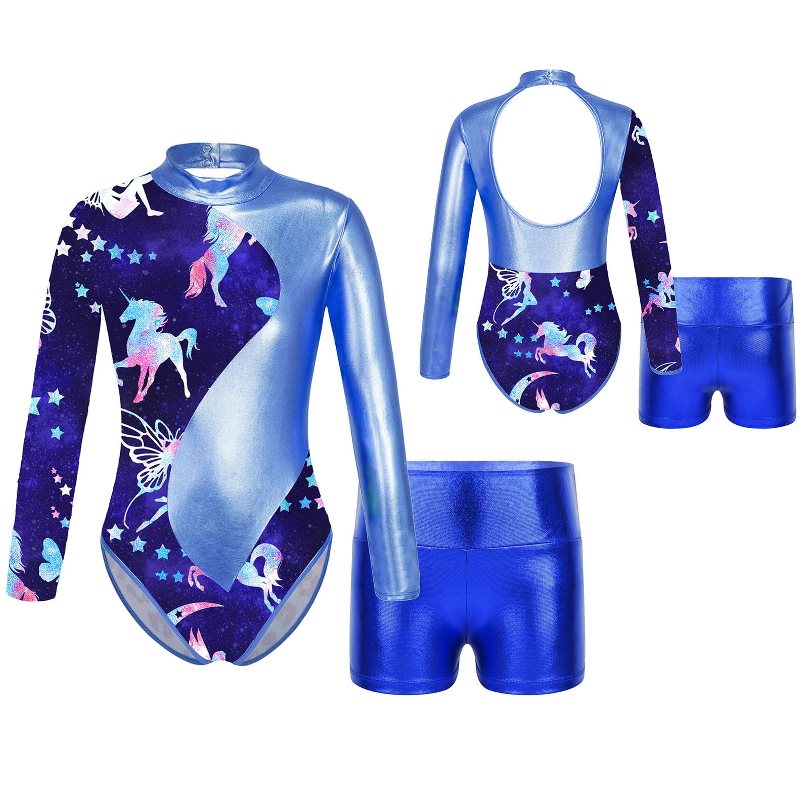 iiniim Girl's Metallic Leotards with Active Booty Shorts Long Sleeve