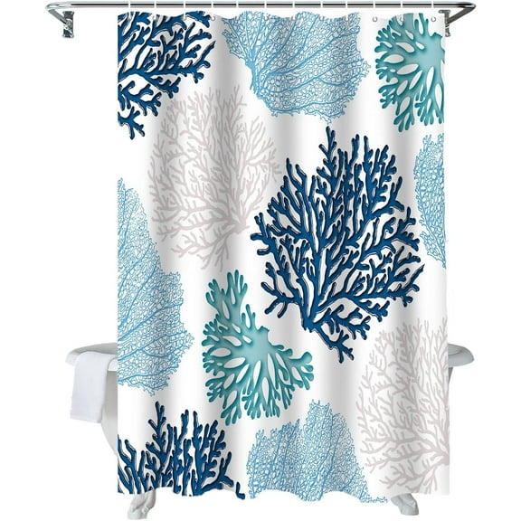 Shower Curtain Nautical Coastal Ocean Coral Shower Curtains for Bathroom Decor Beach Themed Blue Shower Curtain Sets with Hooks Waterproof Fabric Bath Curtain Extra Long 72" X 84"