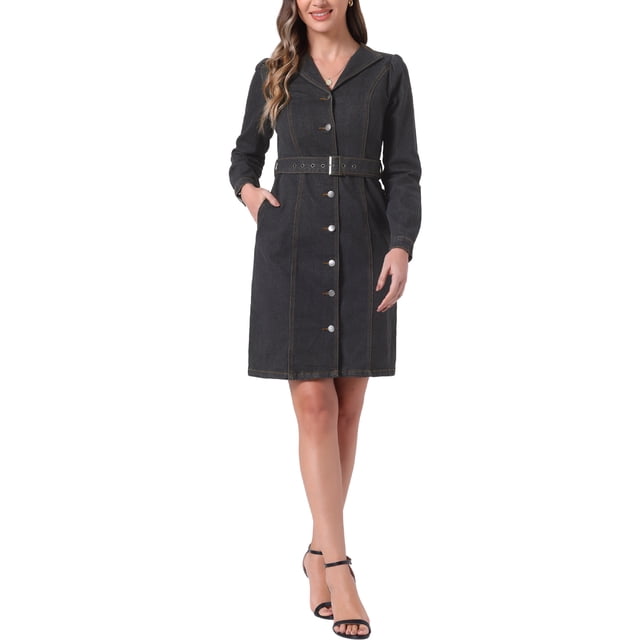 Camisa de mezclilla INSPIRE CHIC con botones 2023, vestido de cuello con cinturón y bolsillos, talla XL, negro