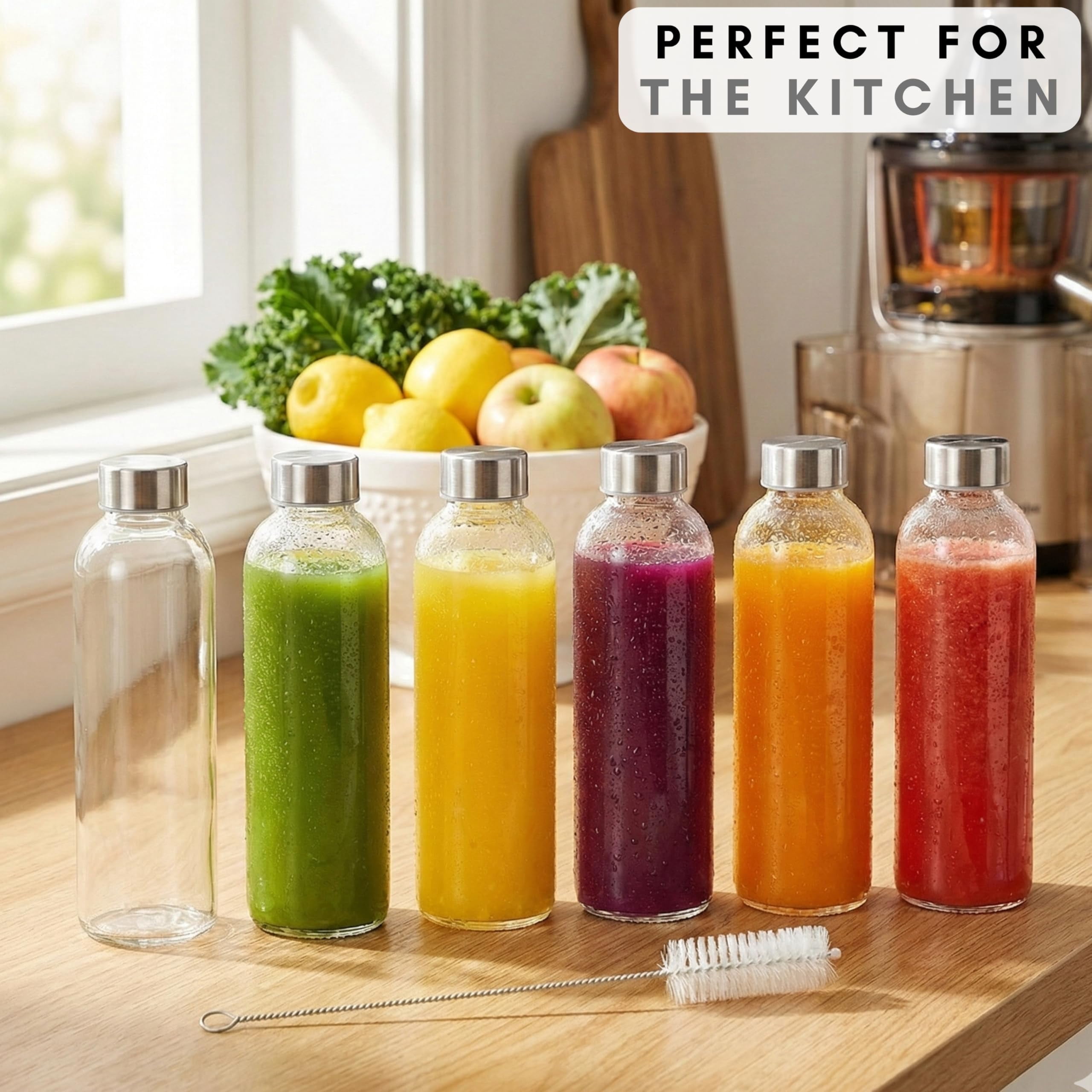 18 Oz Soda Lime Glass Water Bottles 6 Pack with Lids and Cleaning Brush