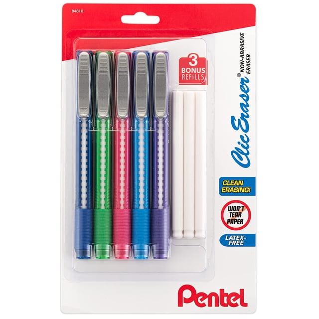 Borrador Pentel Clic retráctil con empuñadura para bolígrafo, 5 colores y 3 recambios