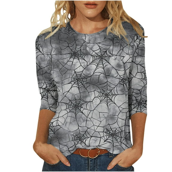 aohooy Plus Size Women Halloween Shirts 3/4 Sleeve Crewneck Shirt Funny Holiday Tees Pumpkin Witch Ghost Graphic Tee Pullover Tops Multicolor,L
