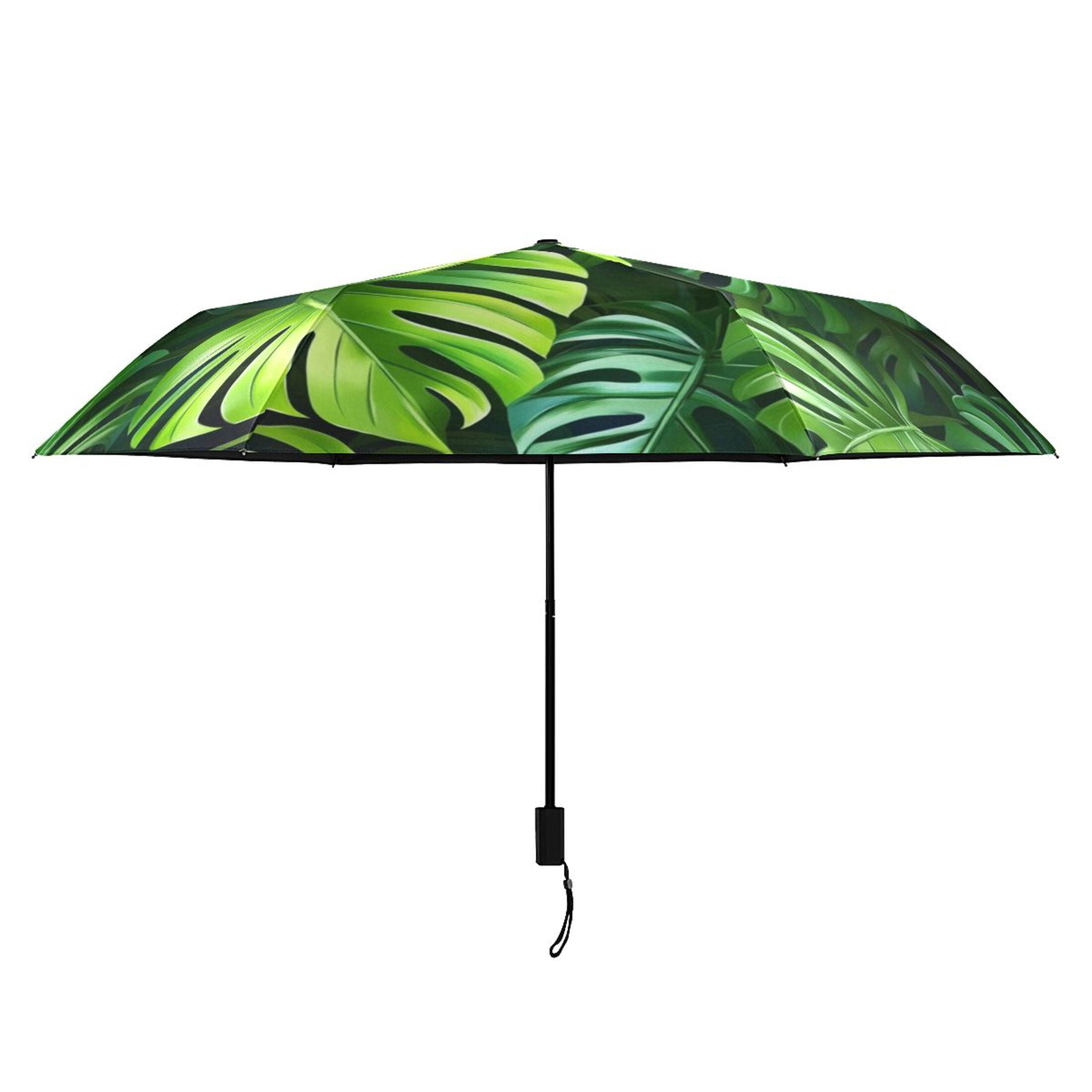 Green Tropical Leaves All Weather Umbrella Triple Folding Parasol 6 Ribs UV Protection Portable