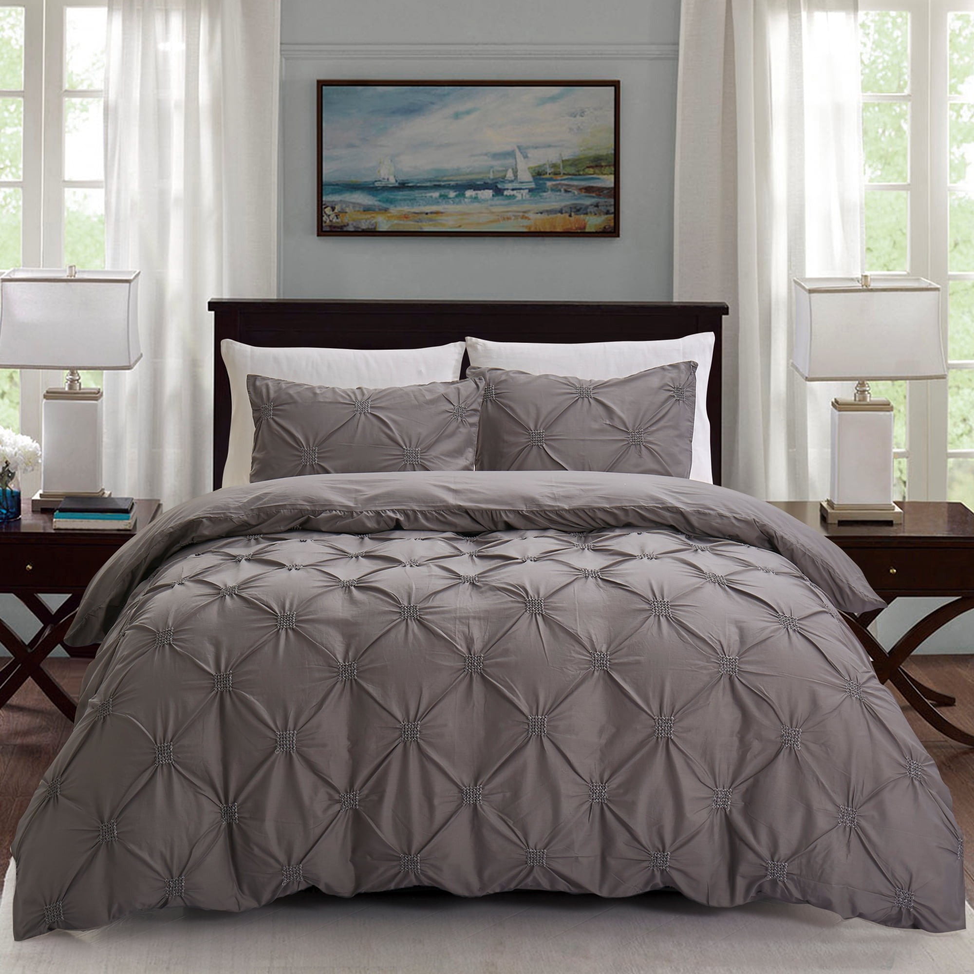 California Design Den Diamond Pintuck Duvet Cover Set Cotton Charcoal ...