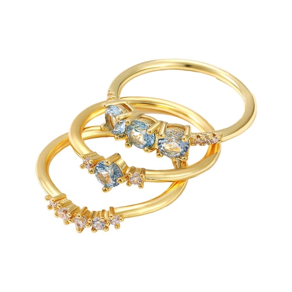 PAURO Stackable Rings for Women Gemstone Light Blue CZ Cubic Zirconia Stacking Index Finger Thumb Midi Band Vintage Stainless Steel Gold Plated Unique Dainty 3 PCS Set Jewelry Size 7