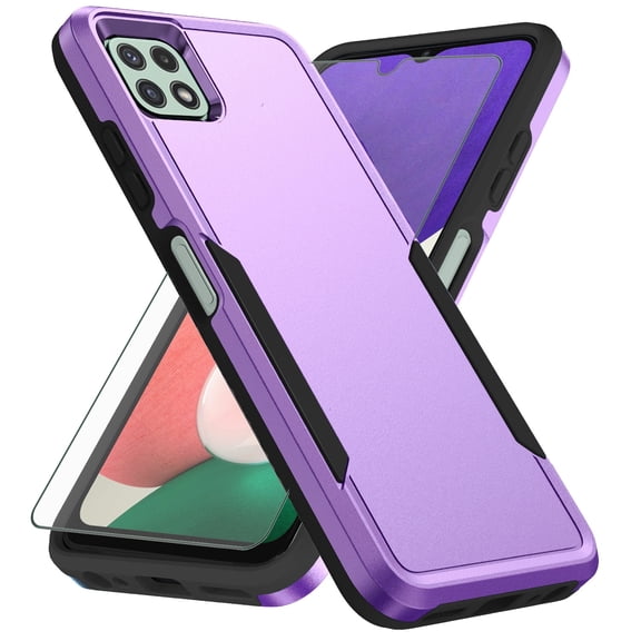 Compatible with Samsung Galaxy A22 5G Phone Case Tempered Glass Screen Protector Hybrid Rugged Shockproof Hard Protective Drop Proof Full Body Heavy Duty Mobile Cell Cover for A 22 22A A22s G5 Purple