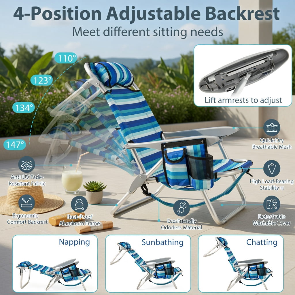 Hommoo Premium Folding Beach Chair for Adults, 4-Position Adjustable Backrest, Lightweight Aluminum Frame, Oxford Fabric Seat, Built-in Cooler Bag & Towel Bar, Blue
