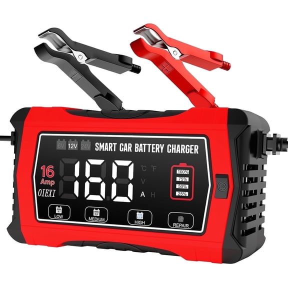 OIEXI 16 Amp Car Battery Charger, 6V 12V 24V Smart Battery Charger Lithium, Lifepo4, Lead-Acid, Maintainer/Temperature Compensation Trickle Charger for Car, SUV, Motorcycle, Boat, Lawn Mower