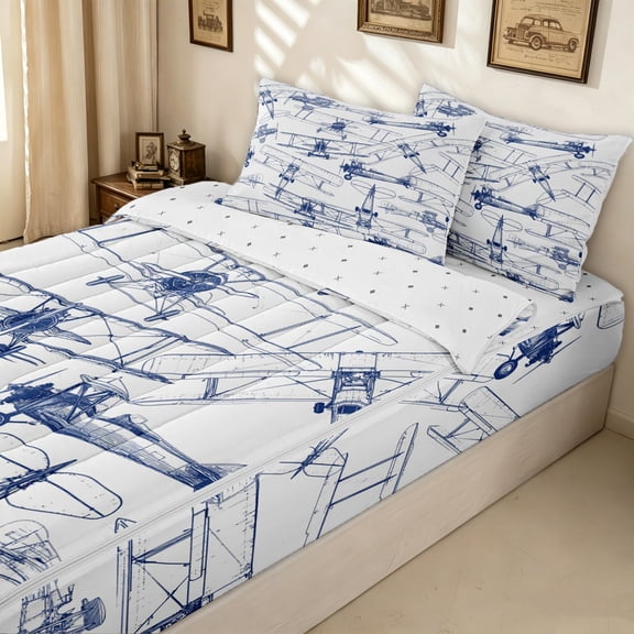 Erosebridal Navy Antique Biplane Zipper Twin Comforter Sets with Fitted Sheet and 2 Pillowcases for Boys Men, Cartoon Vehicle Print Zipper Bedding Set, Reversible, 4 Pieces