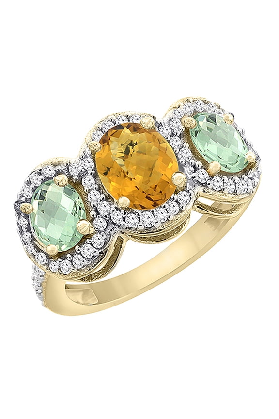 14K Yellow Gold Natural Whisky Quartz & Green Amethyst 3-Stone Ring Oval Diamond Accent, size 7
