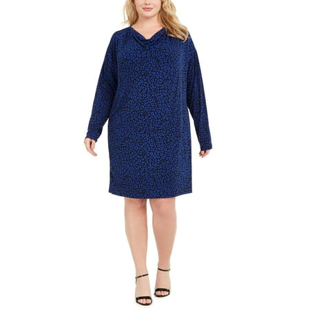 Michael Kors Women's Plus Size Animal-Print Cowlneck Dress (2X, Black/Twilight)