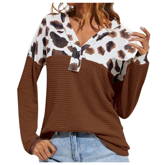 Sweaters for women Women's Fashion Leopard Printed Solid Stitching Loose Button V-Neck Long Sleeve Knitted Sweater christmas sweater women