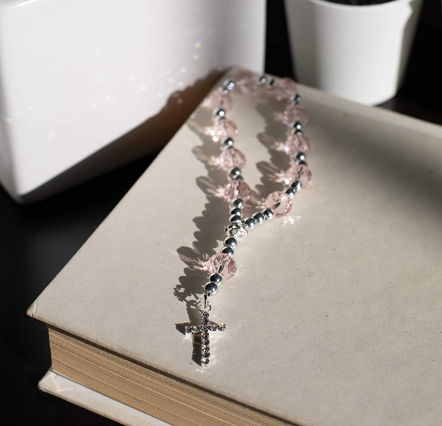 Fuchsia Crystal Rosary Bracelet Rhinestone Cross 12 Pcs/Pack 