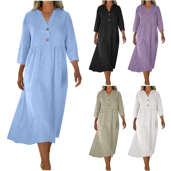 Purcolt Women Summer Cotton Linen Midi Dress 3/4 Length Sleeve V Neck A Line Dress Casual Flowy Long Sundress for Beach Vacation Travel