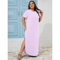 thumbnail image 5 of SHOWMALL Women's Plus Size Maxi Dress with Pockets, Valentine's Day Galentine's Self-Care Gift for Her, Light Purple 1X Side Slit Short Sleeve Long Dress, 5 of 6