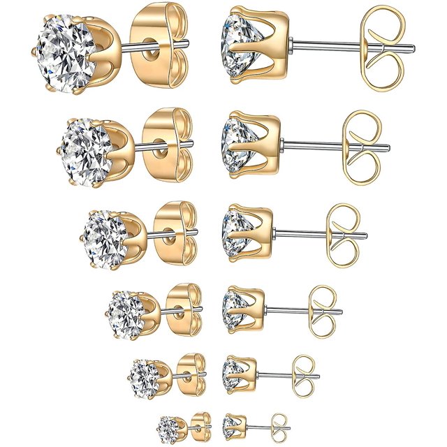 Juego de 6 pares de aretes, aretes de acero inoxidable 316l con circonita cúbica transparente para mujeres y hombres de 3 a 8 mm
