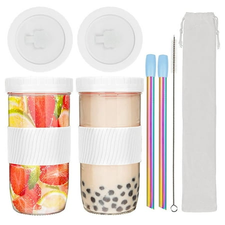 

2 Pack Reusable Bubble Tea Cup with 2 Straws and 4 Lids 730ml/24oz Smoothie Tumbler Cups Leakproof Boba Tea Cup Mason Jars Drinking Glasses Wide Straws for Bubble Tea Coffee Drinks