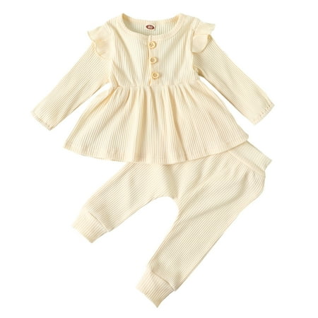 

One opening 2 Pcs Infant Ribbed Outfits Toddler Long Sleeve Round Neck Ruffle Skirt-like Top Elastic Trousers