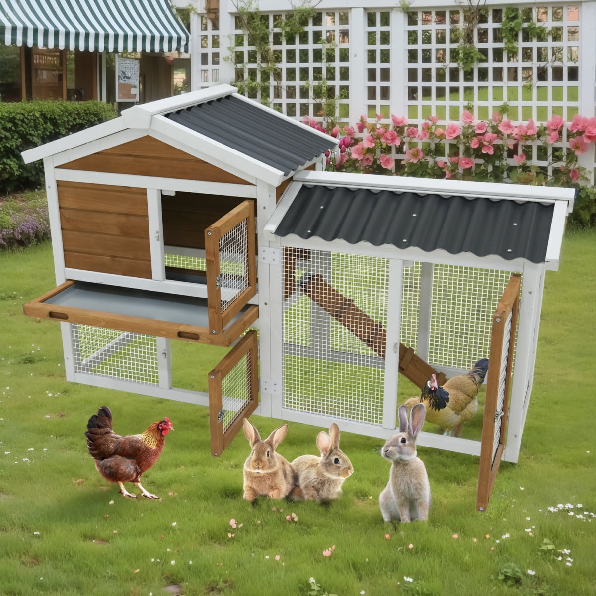 ENTU 58.00 Inch Solid Wood Waterproof Rabbit Hutch Orange Yellow White Indoor Outdoor Pet Coop with Stairs Removable Cleaning Tray for Small Medium Animals