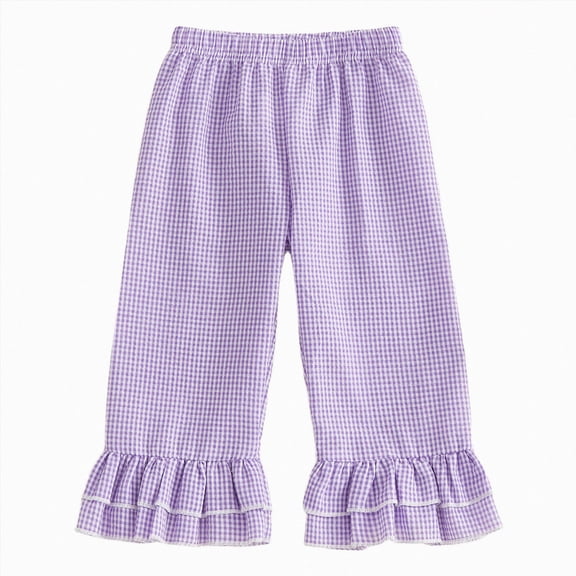 felwors Kids Toddler Girls Ruffle Flare Pants Casual Gingham Plaid Seersucker Pants Elastic Waist Loose Bottoms Trousers