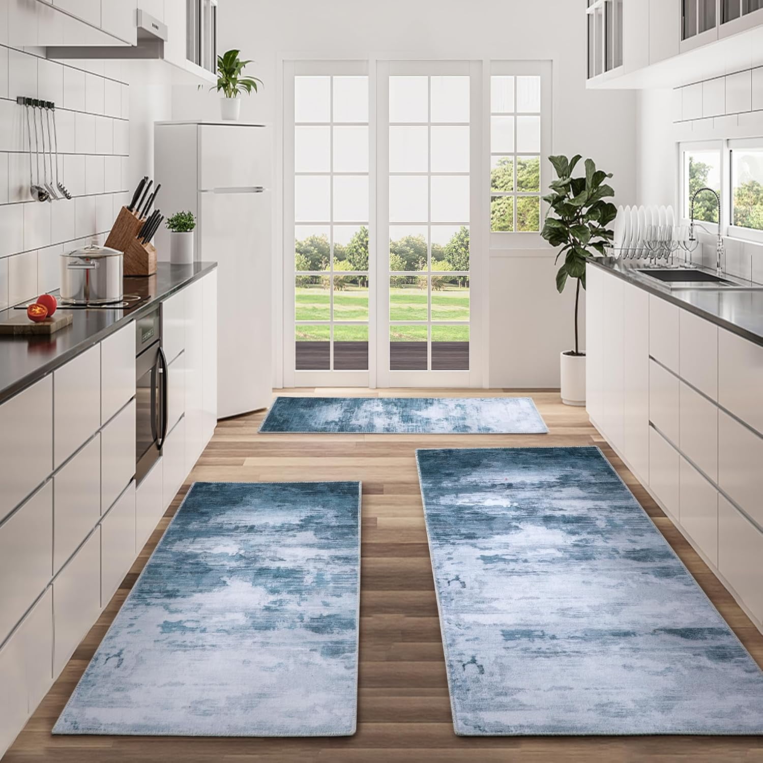 Washable Non Slip Kitchen Rugs Set of 3,Modern Abstract 3 Piece Kitchen Mats for Floor,Absorbent Carpet for Kitchen,Soft Low Pile Kitchen Runner Rug for Sink,Laundry,Washroom,Dark Blue